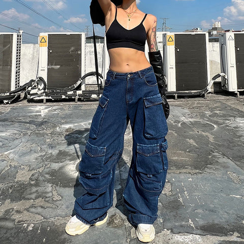 Street Style Panel Trim Patch Pocket Cargo Jeans - Blue
