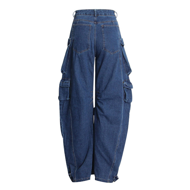 Street Style Panel Trim Patch Pocket Cargo Jeans - Blue