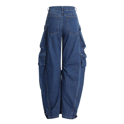 Street Style Panel Trim Patch Pocket Cargo Jeans - Blue