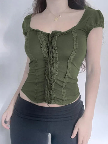 Green Lace Trim Collar Crop Top