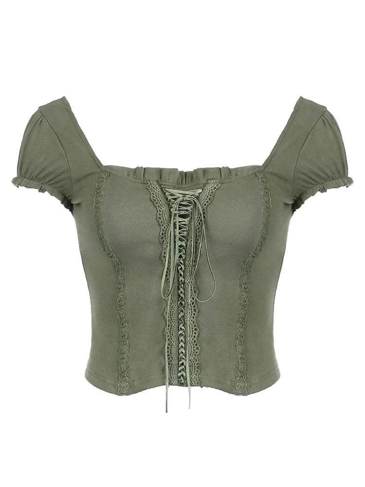 Green Lace Trim Collar Crop Top