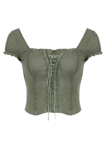 Green Lace Trim Collar Crop Top